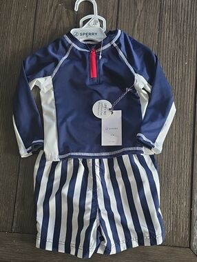 Sperry Navy, White & Red Kids Rash Guard Swim Set